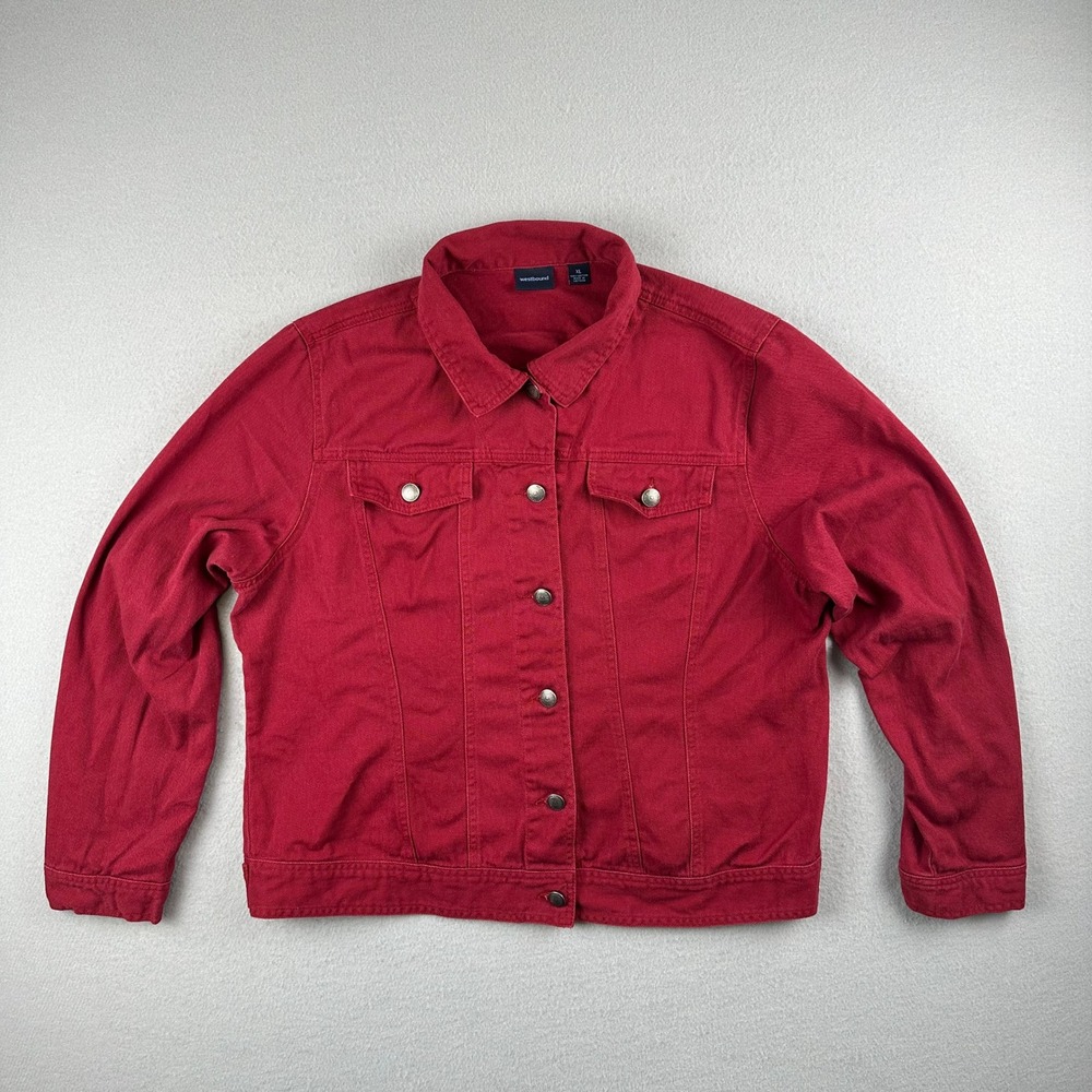 Westbound Denim Trucker Jacket Women XL Red Cotton Button Front Long Sleeve